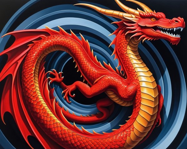 Vibrant Red Dragon Against Blue and Black Background