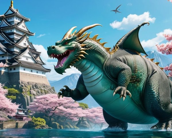 Dragon Beside Castle and Cherry Blossom Trees