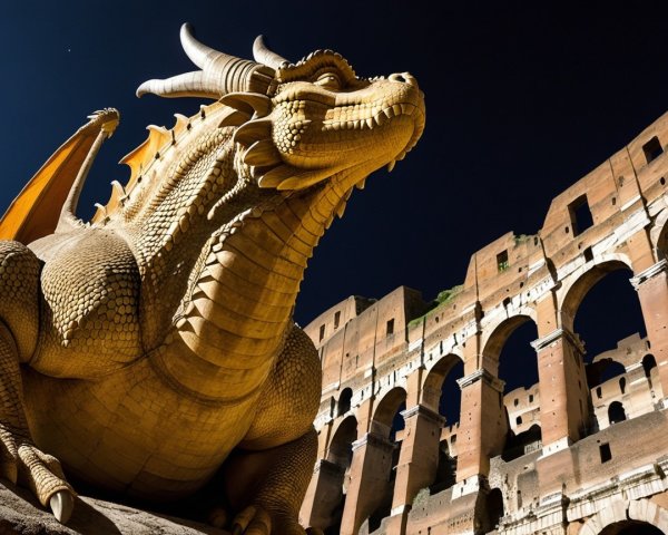 Dragon Sculpture Near Ancient Roman Colosseum