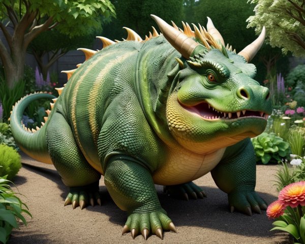 Vibrant Green Dragon Creature in Lush Garden Setting