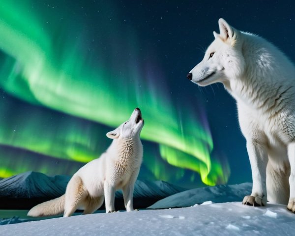 Arctic Foxes in Snowy Landscape with Northern Lights