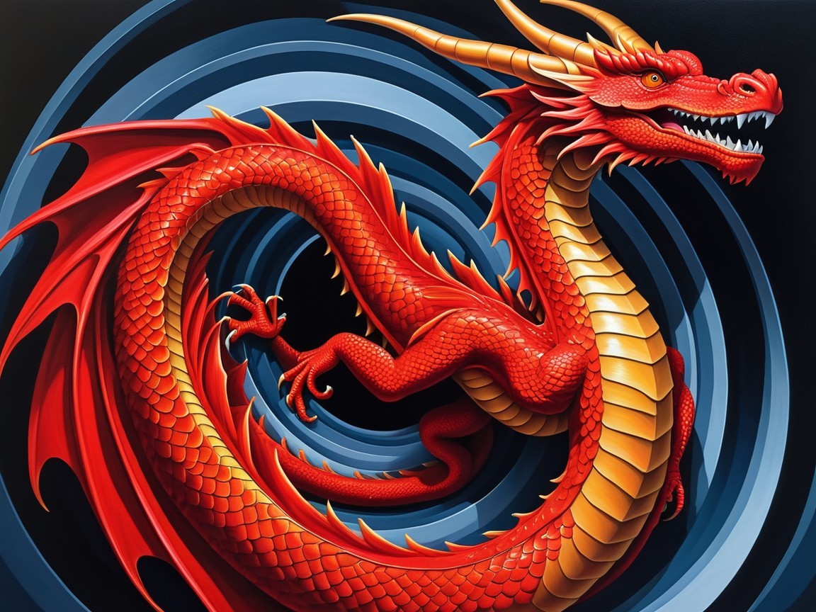 Vibrant Red Dragon Against Blue and Black Background