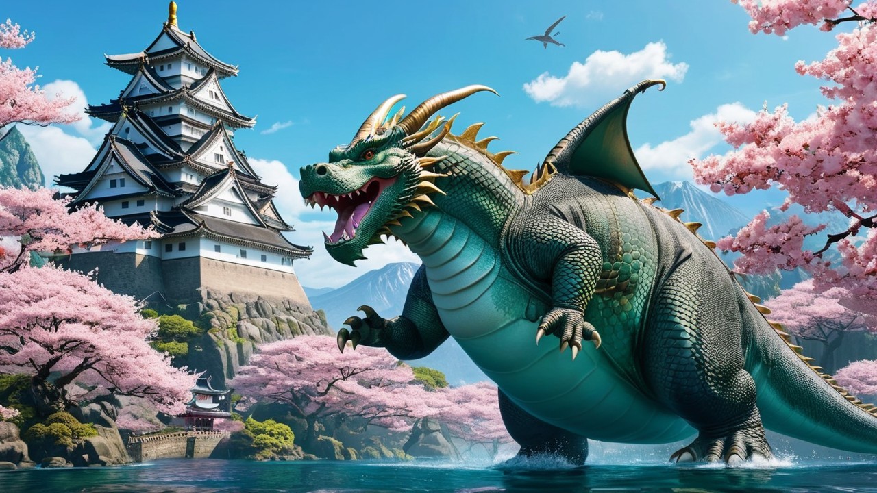 Dragon Beside Castle and Cherry Blossom Trees
