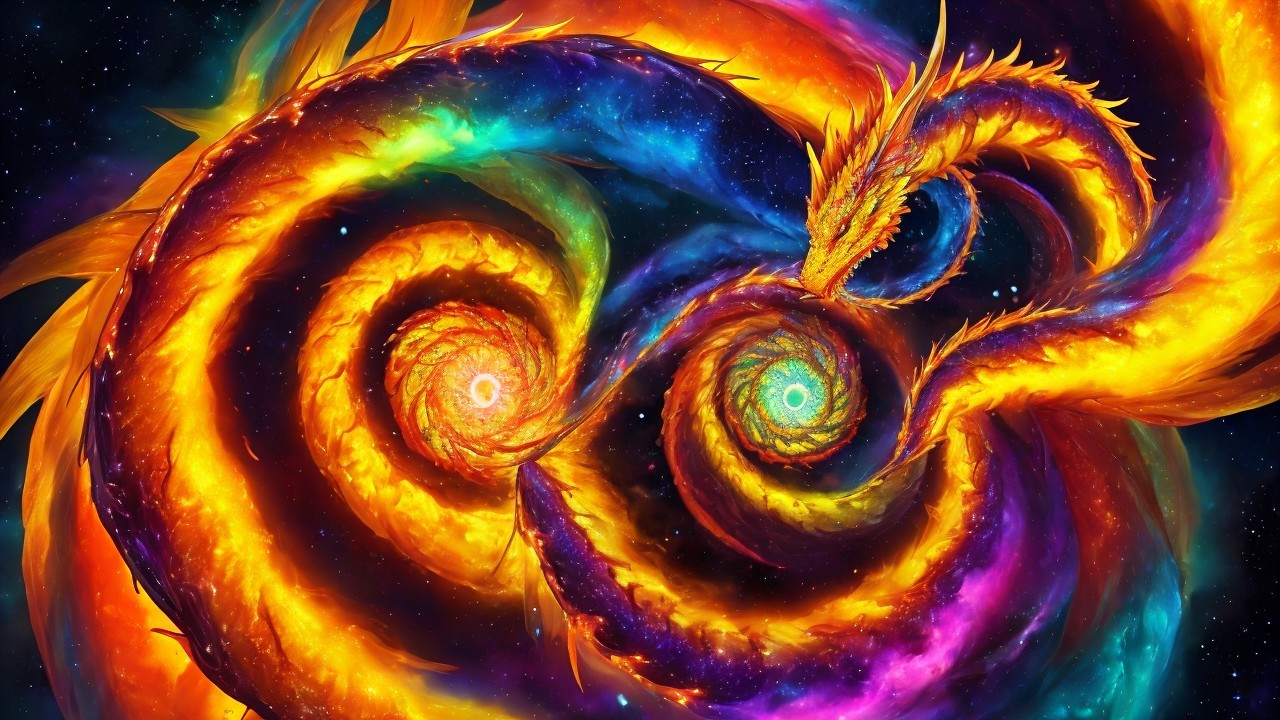 Cosmic Scene with Vibrant Intertwined Dragons
