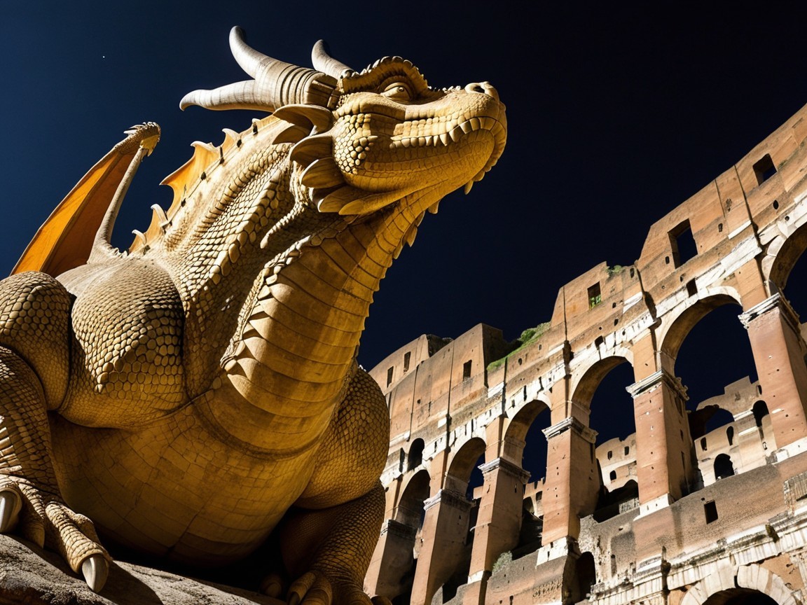 Dragon Sculpture Near Ancient Roman Colosseum