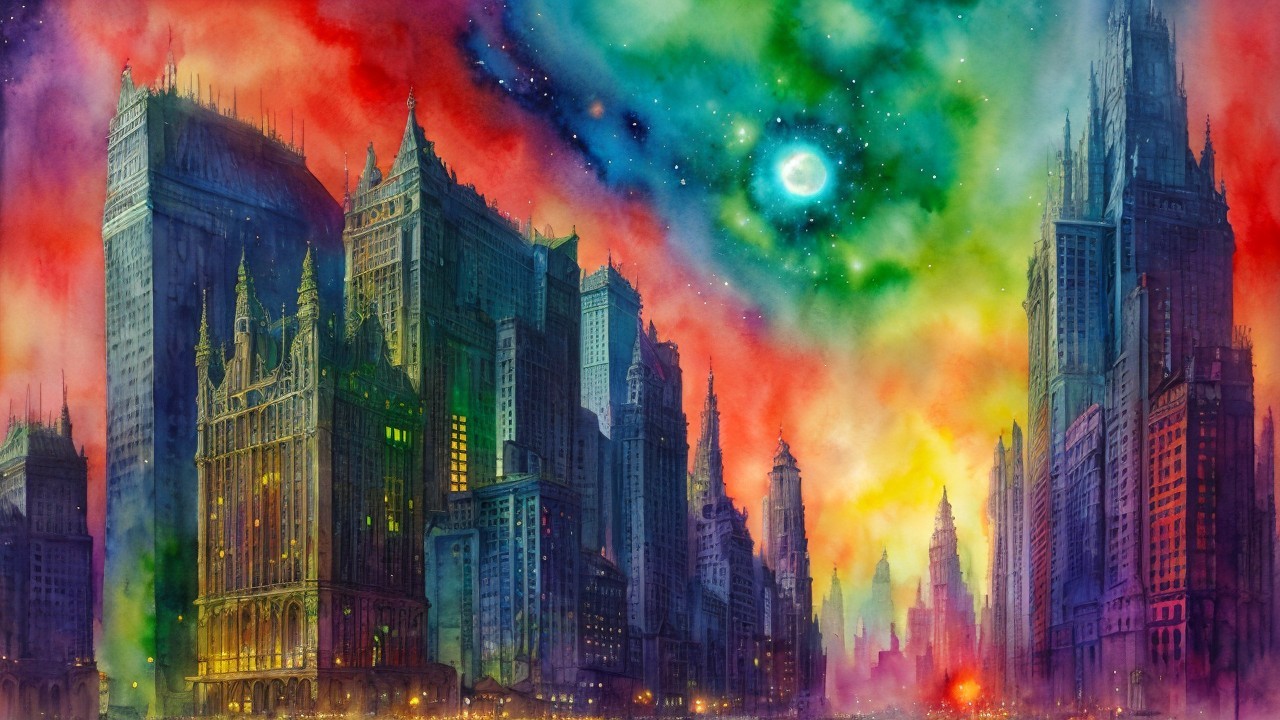 Vibrant Cityscape with Colorful Skyscrapers and Sky
