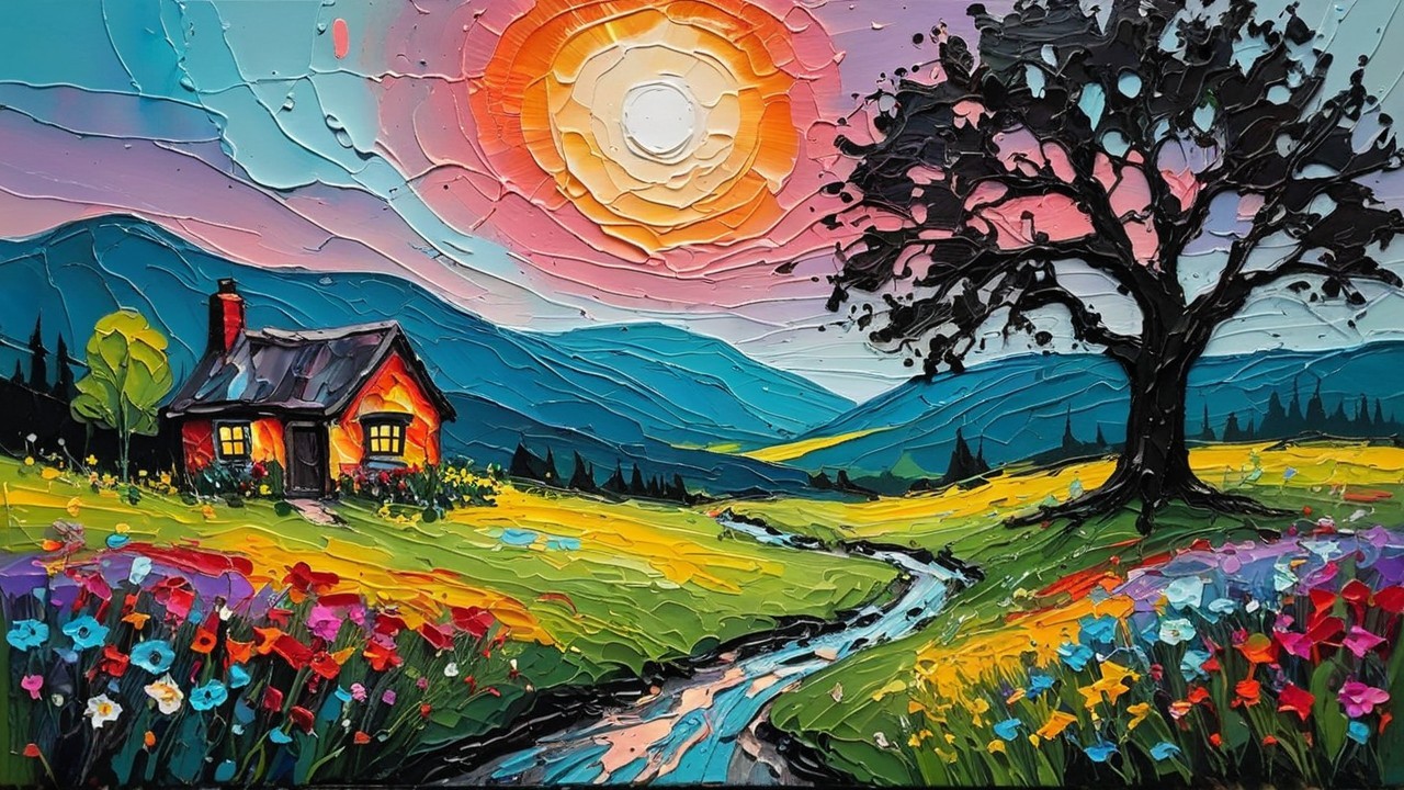 Vibrant Landscape with Cottage and Colorful Flowers