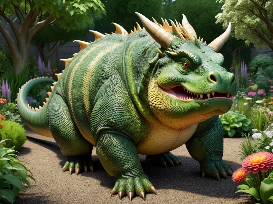 Vibrant Green Dragon Creature in Lush Garden Setting