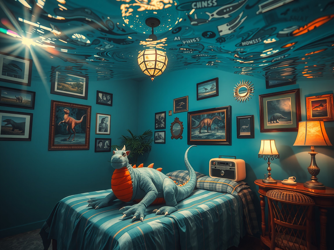 Surreal Room with Dragon Creature and Dinosaur Art