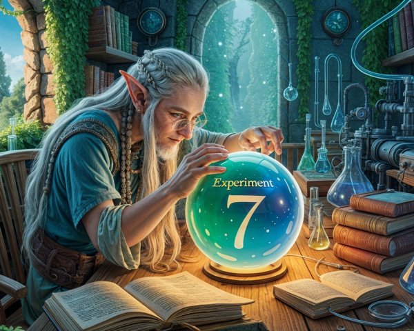 Elf in a mystical laboratory studying a glowing crystal ball