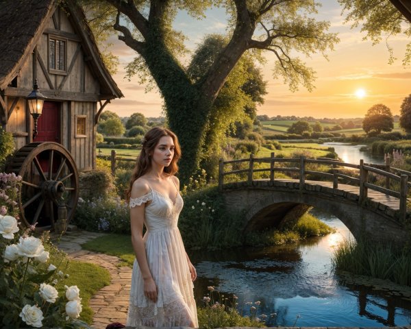 Serene sunset landscape with a young woman by river