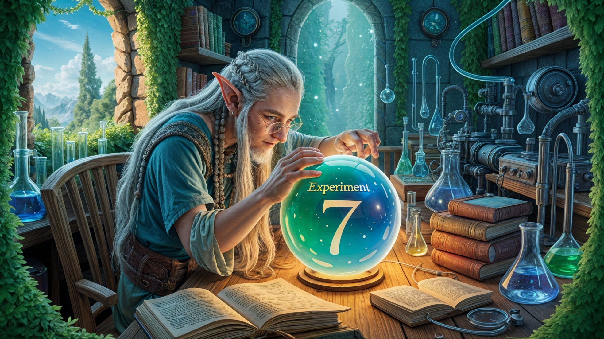 Elf in a mystical laboratory studying a glowing crystal ball