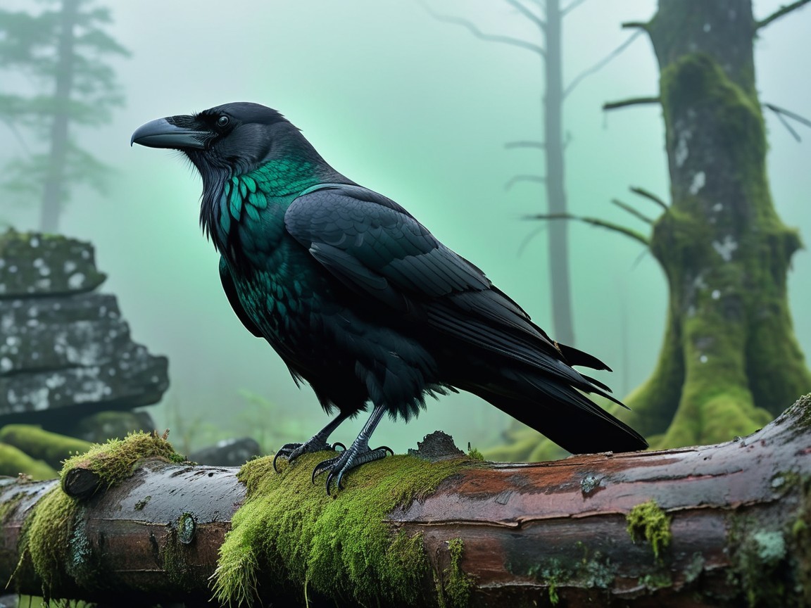 Raven on Moss-Covered Log in Misty Forest Scene