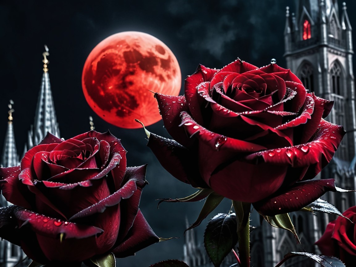 Vibrant Red Roses with Gothic Cathedral and Full Moon