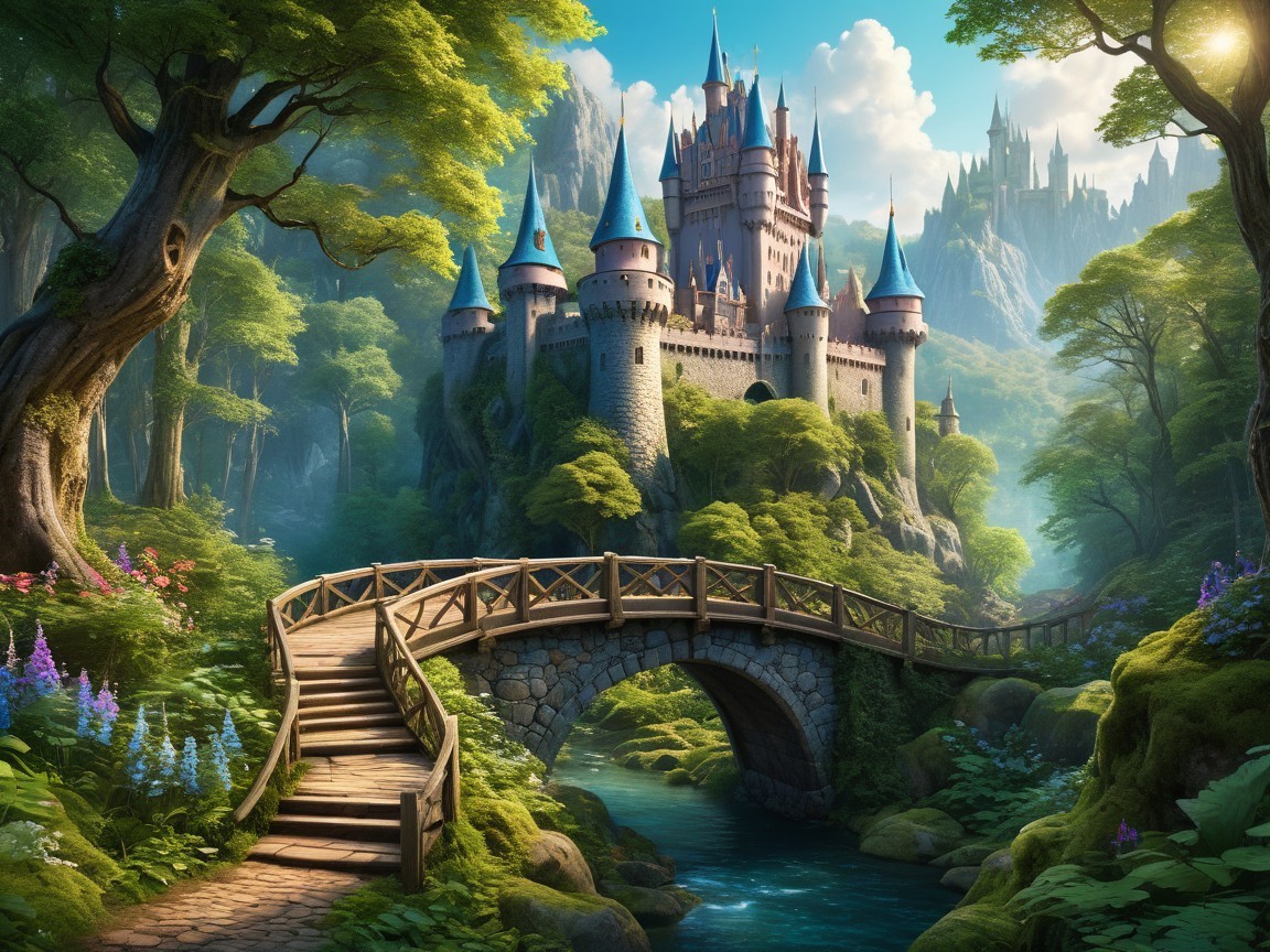 Majestic castle with blue rooftops in serene landscape