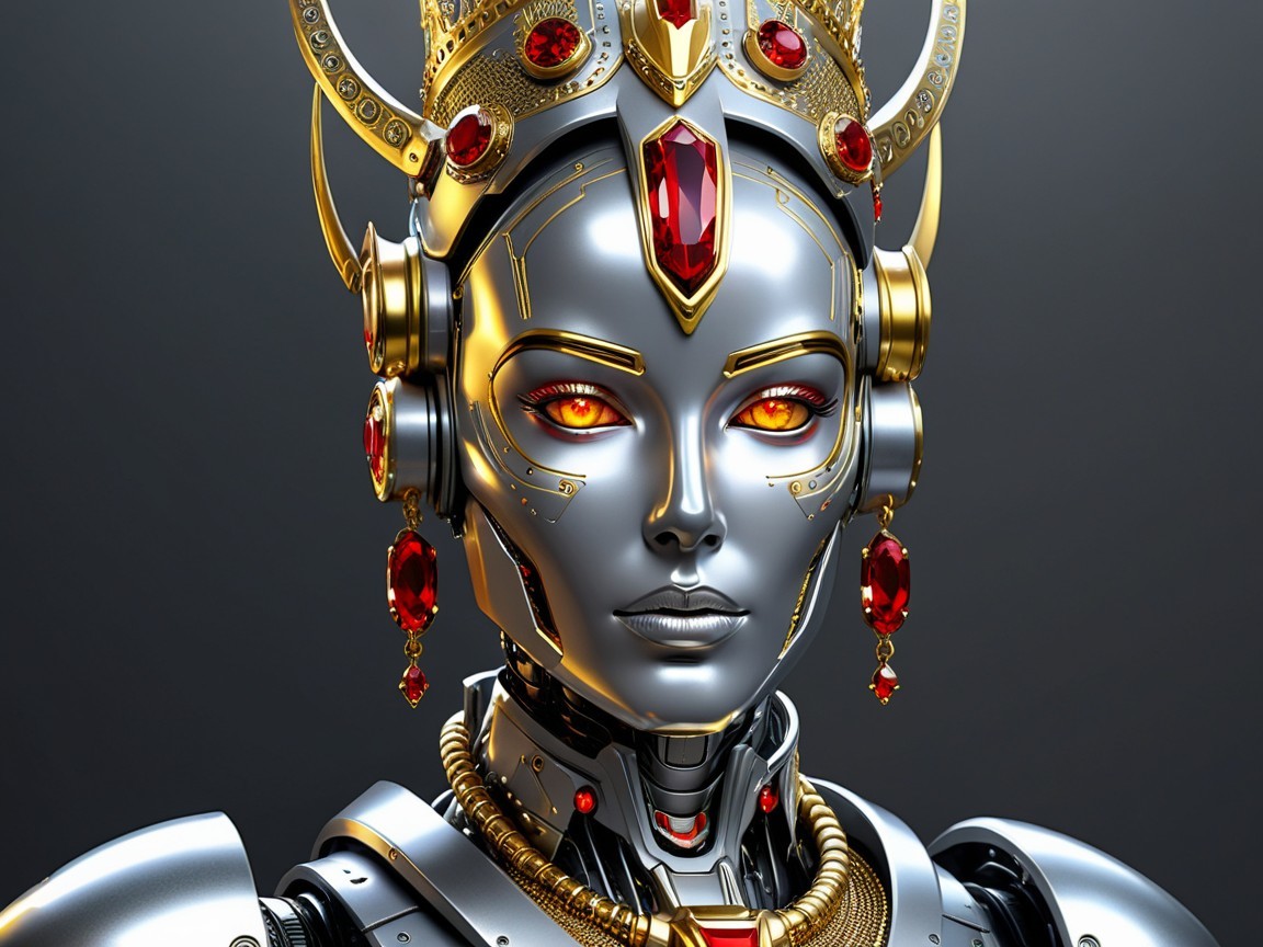 Futuristic Robot with Metallic Face and Regal Crown