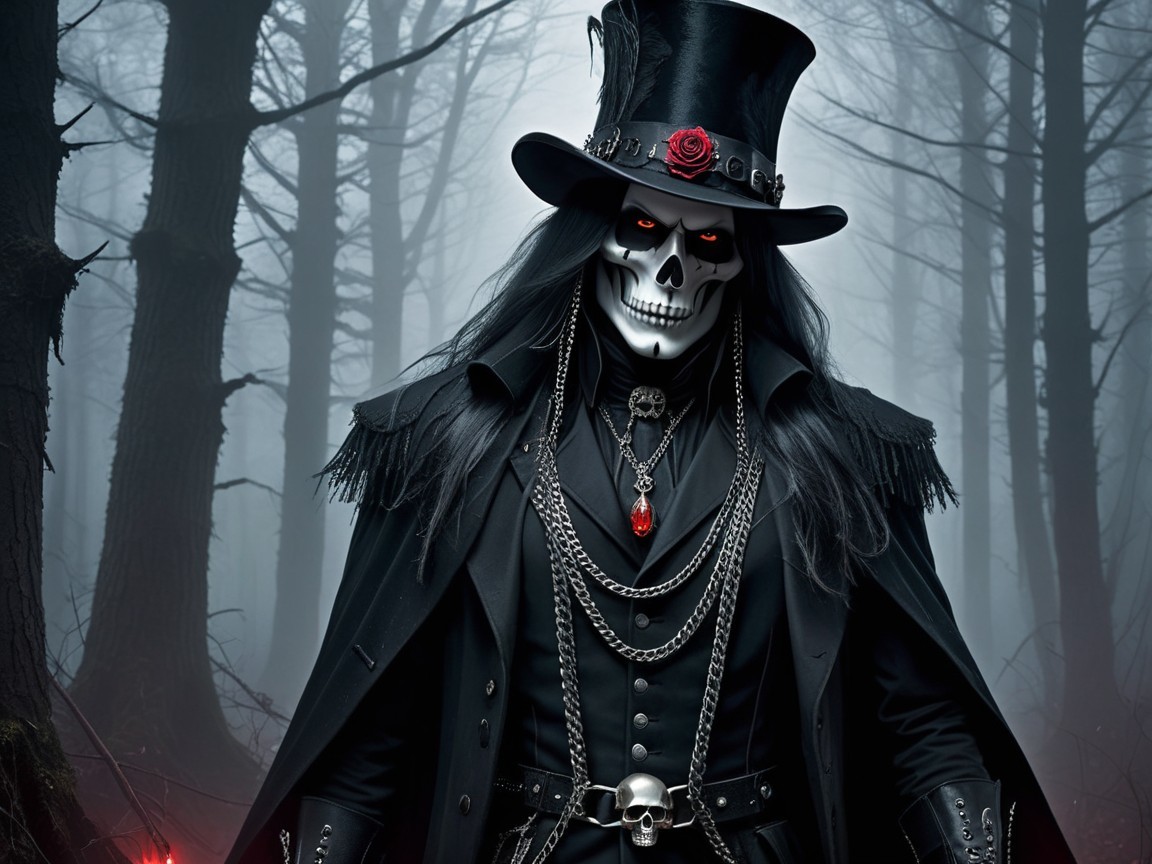 Mysterious Figure in Foggy Forest with Red Eyes