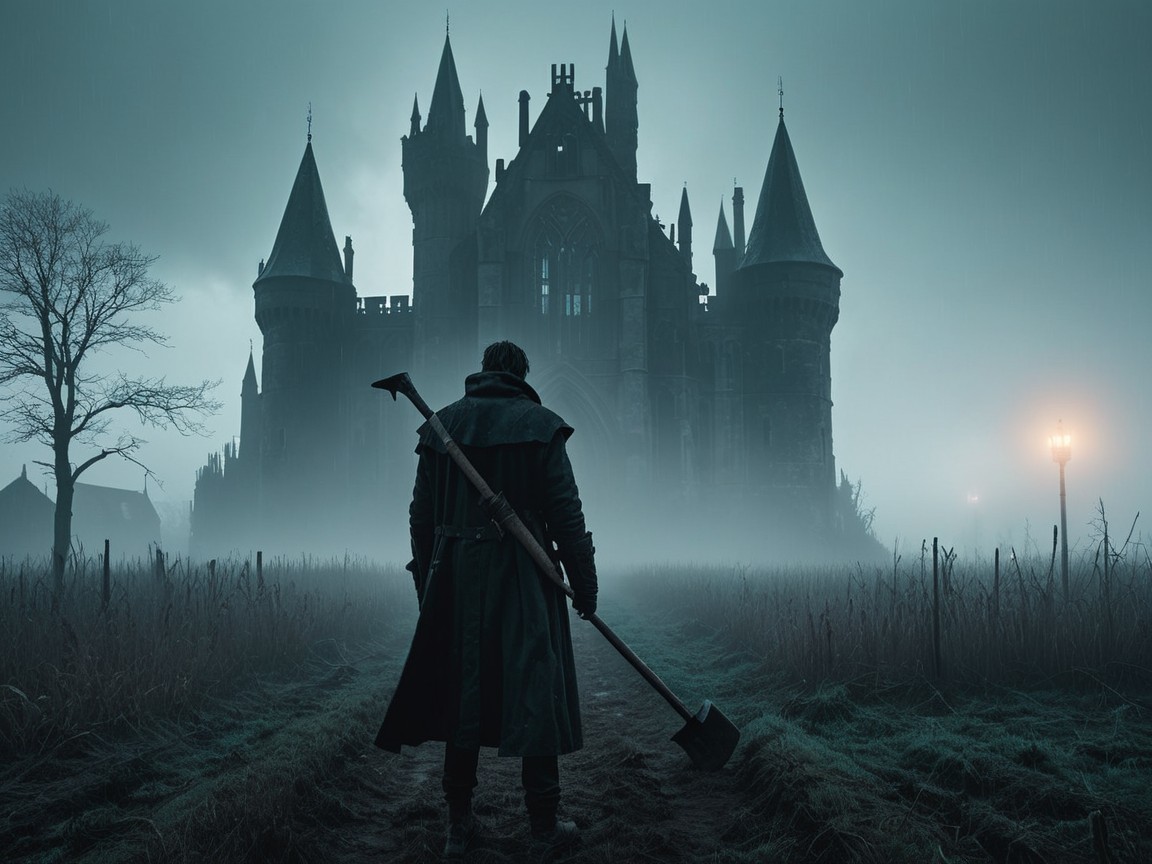 Dark Atmospheric Scene with Figure and Gothic Castle