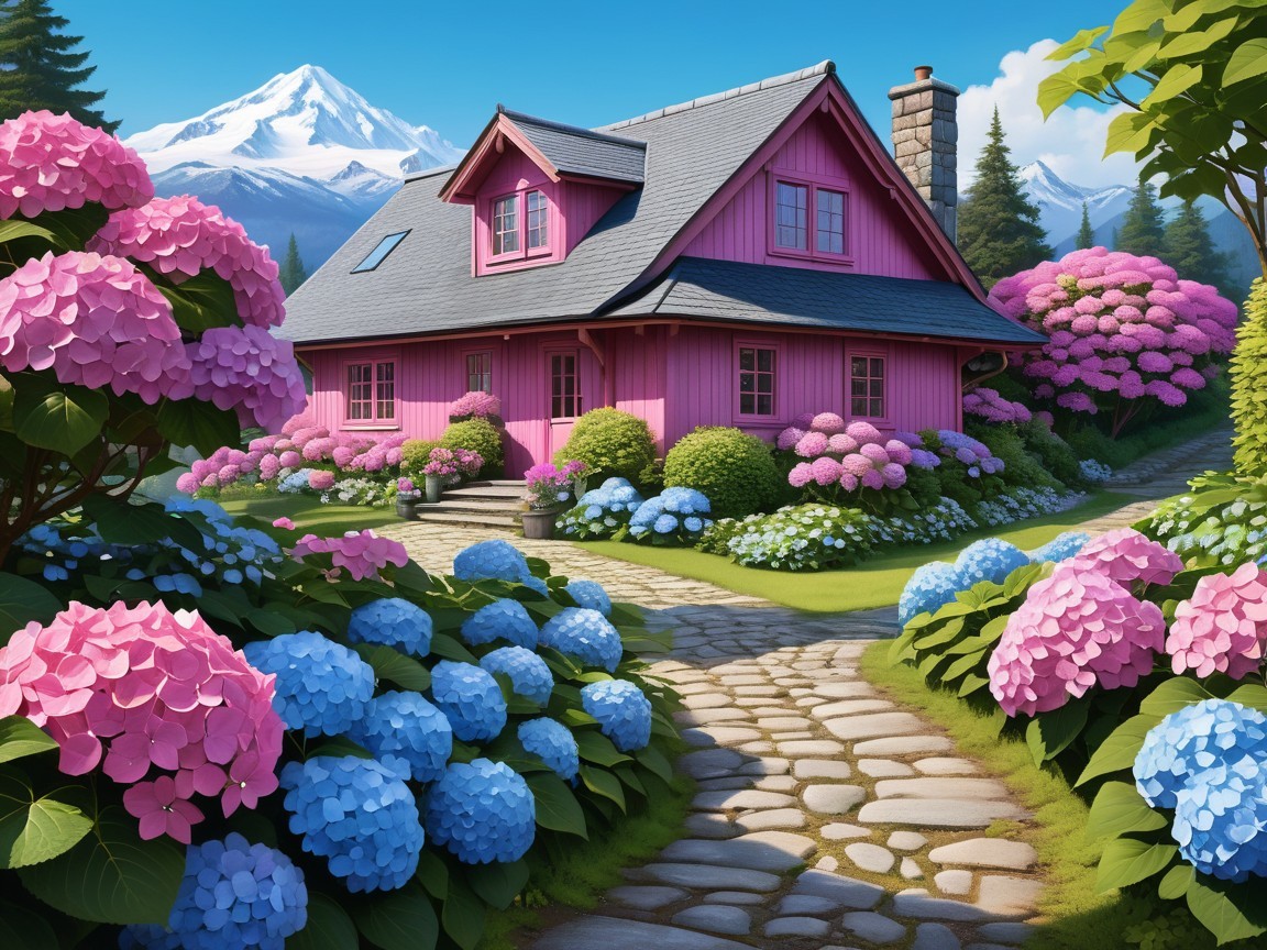 Charming Pink Cottage Surrounded by Vibrant Gardens