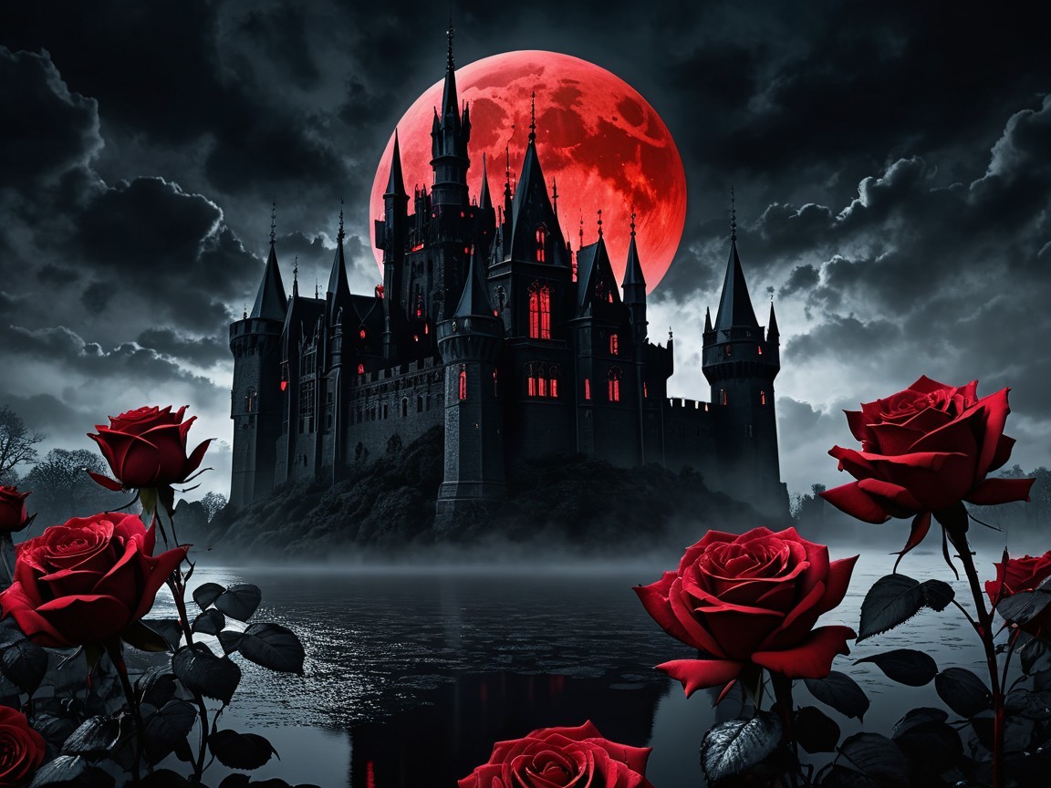 Gothic Castle Under Stormy Sky with Red Moon