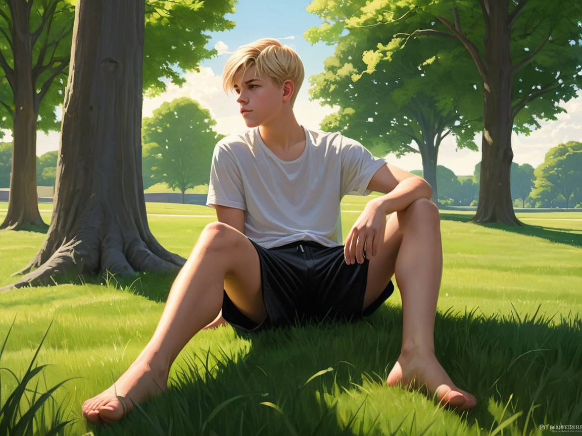 Young Person Sitting on Grass Under Bright Sky