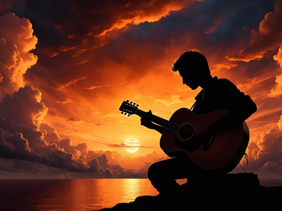Silhouette of Musician on Rocky Shore at Sunset