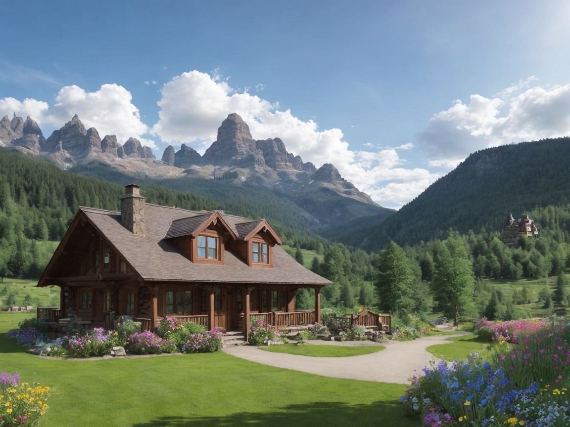 Wooden cabin amid flower gardens and mountains