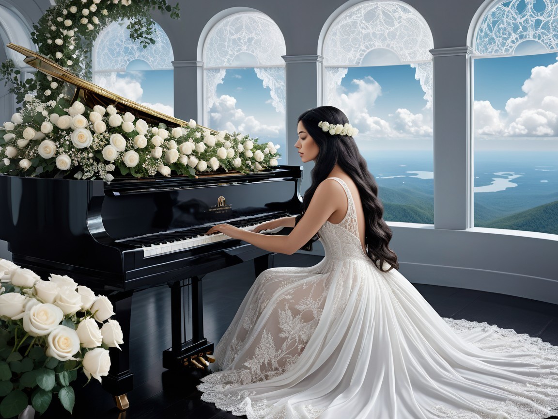 Young woman in white gown at grand black piano