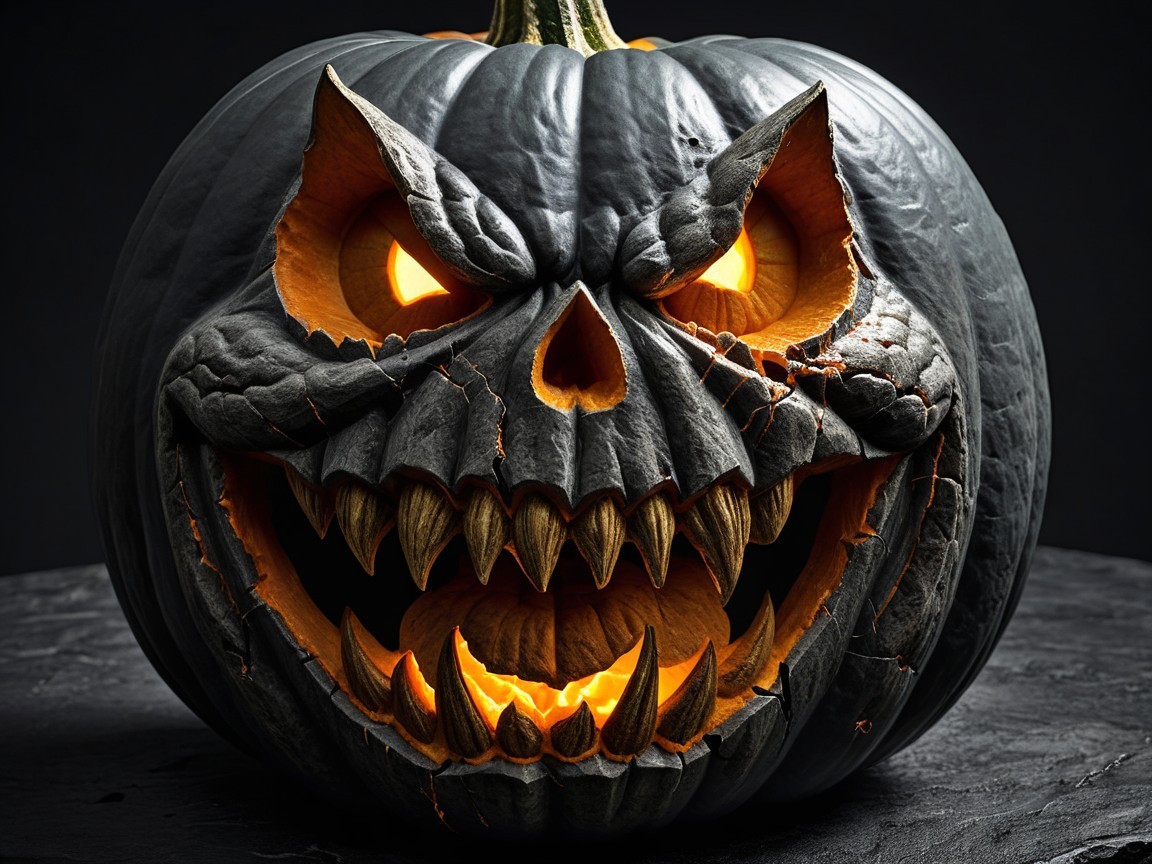 Ominous Carved Pumpkin with Glowing Eyes and Shadows