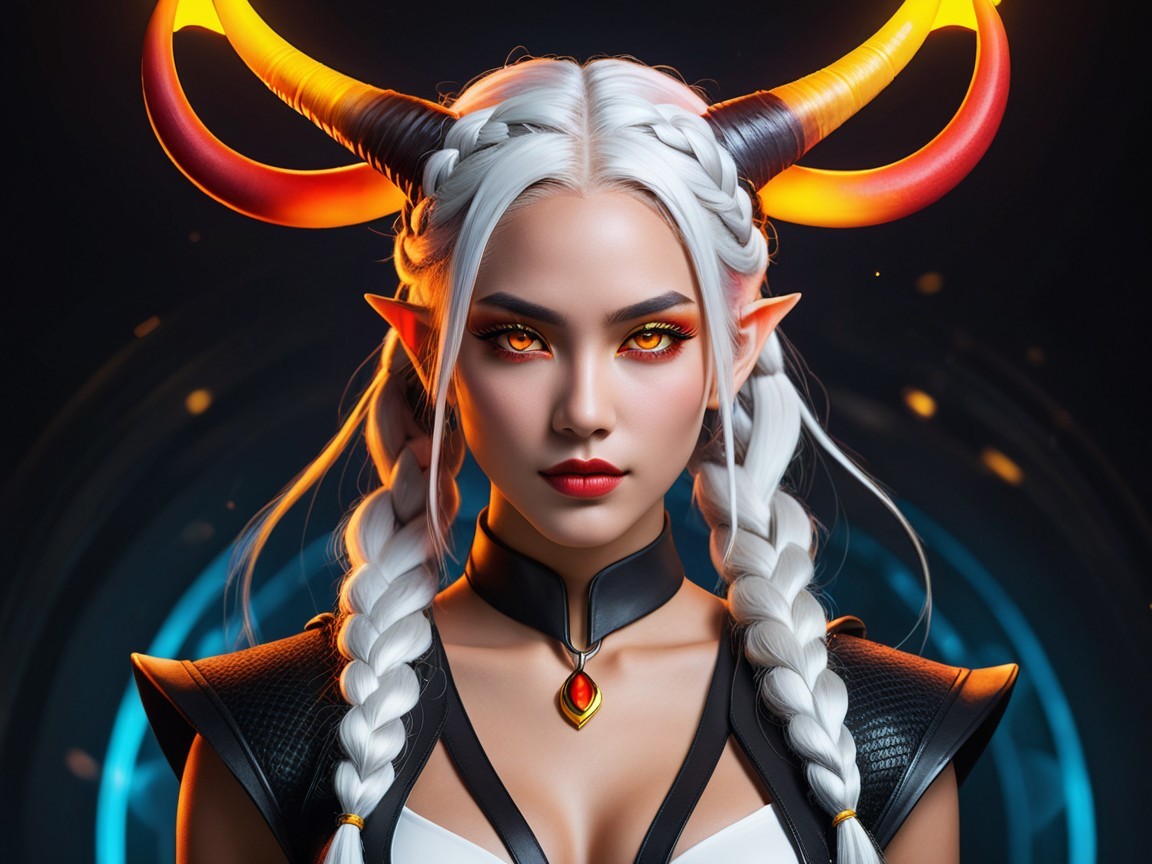 Character with Long White Hair and Orange-Red Horns