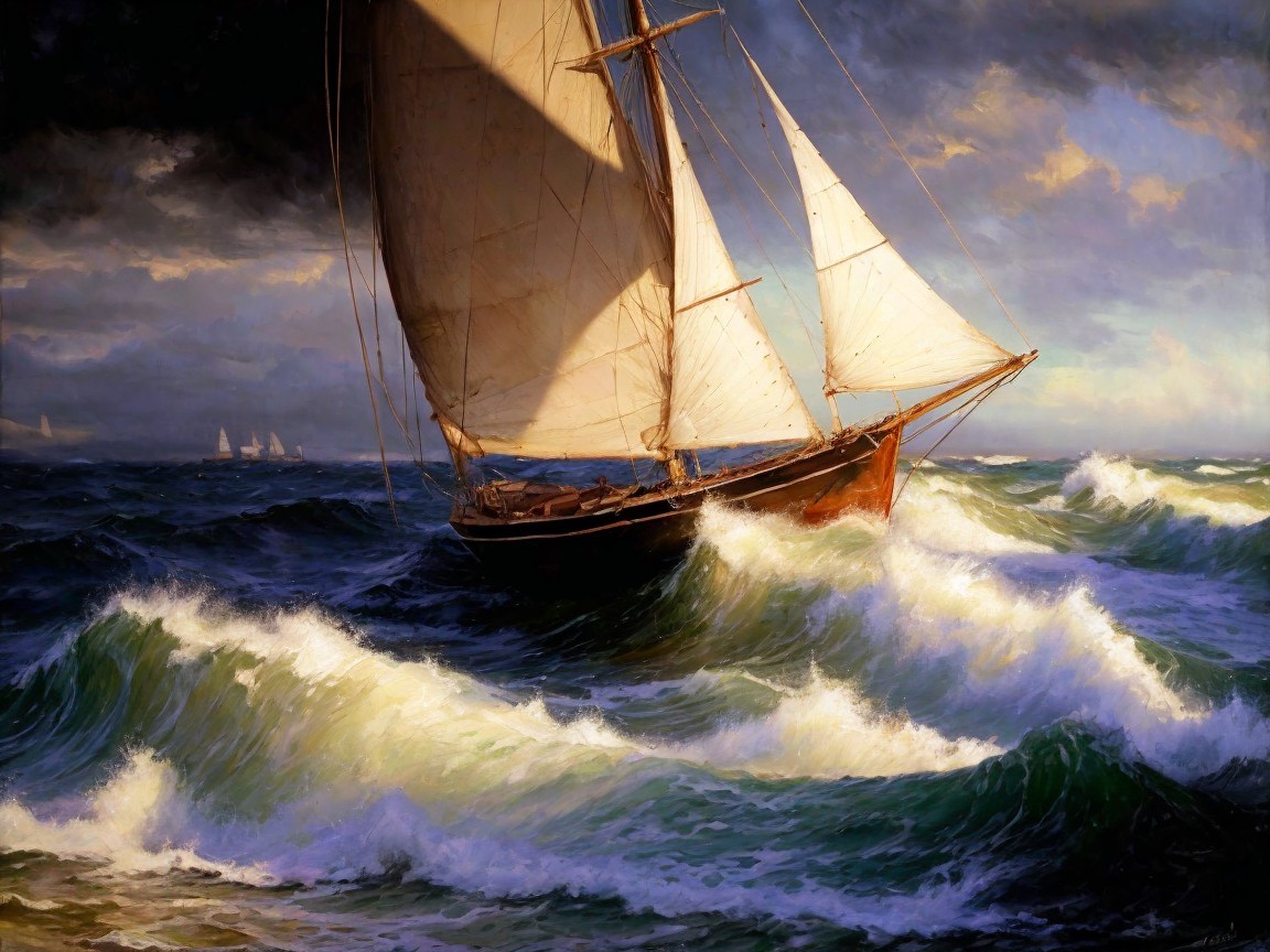 Majestic Sailing Boat on Tumultuous Waves and Sky