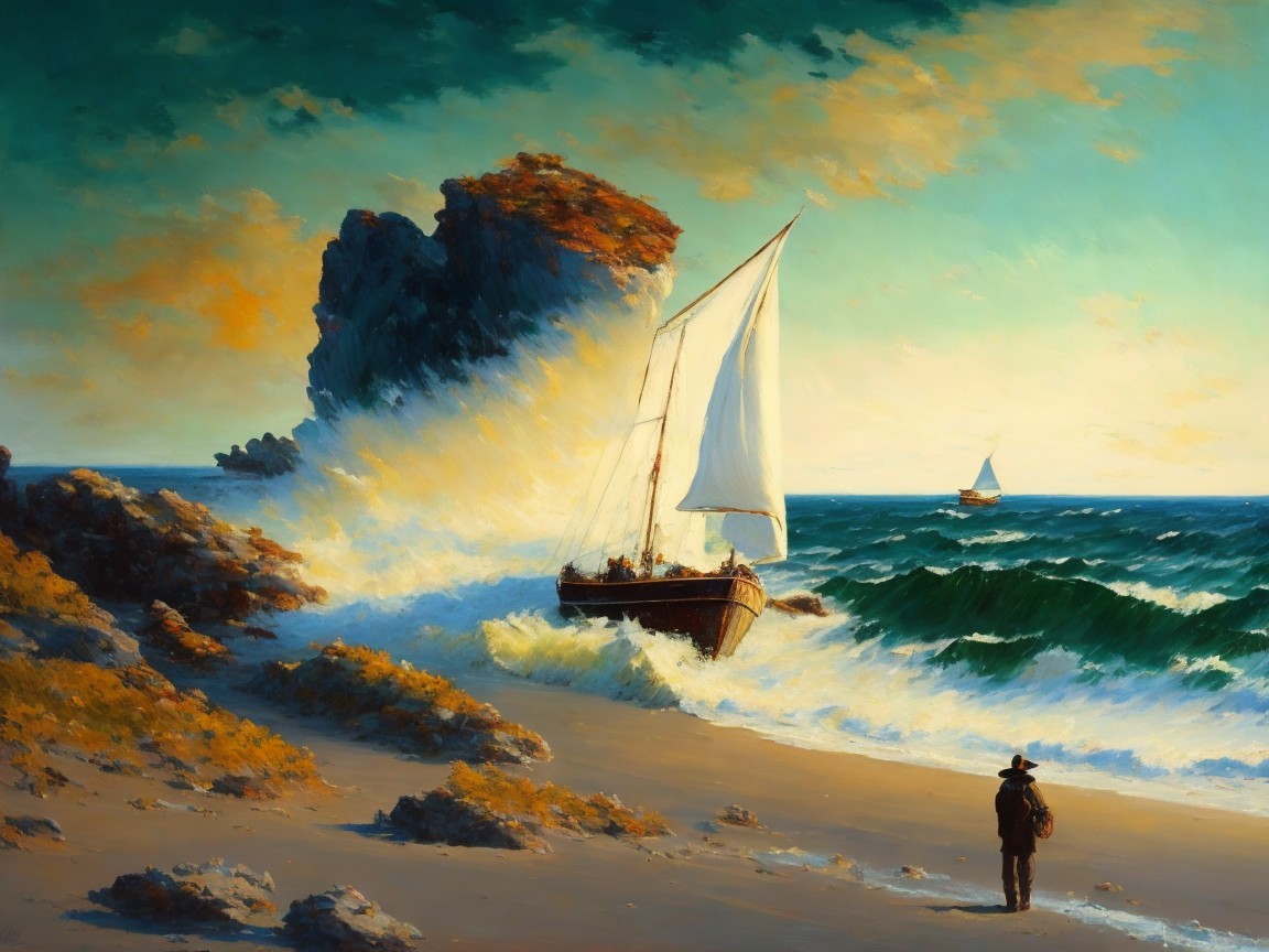 Tranquil Seascape with Sailing Boat and Sunset Sky