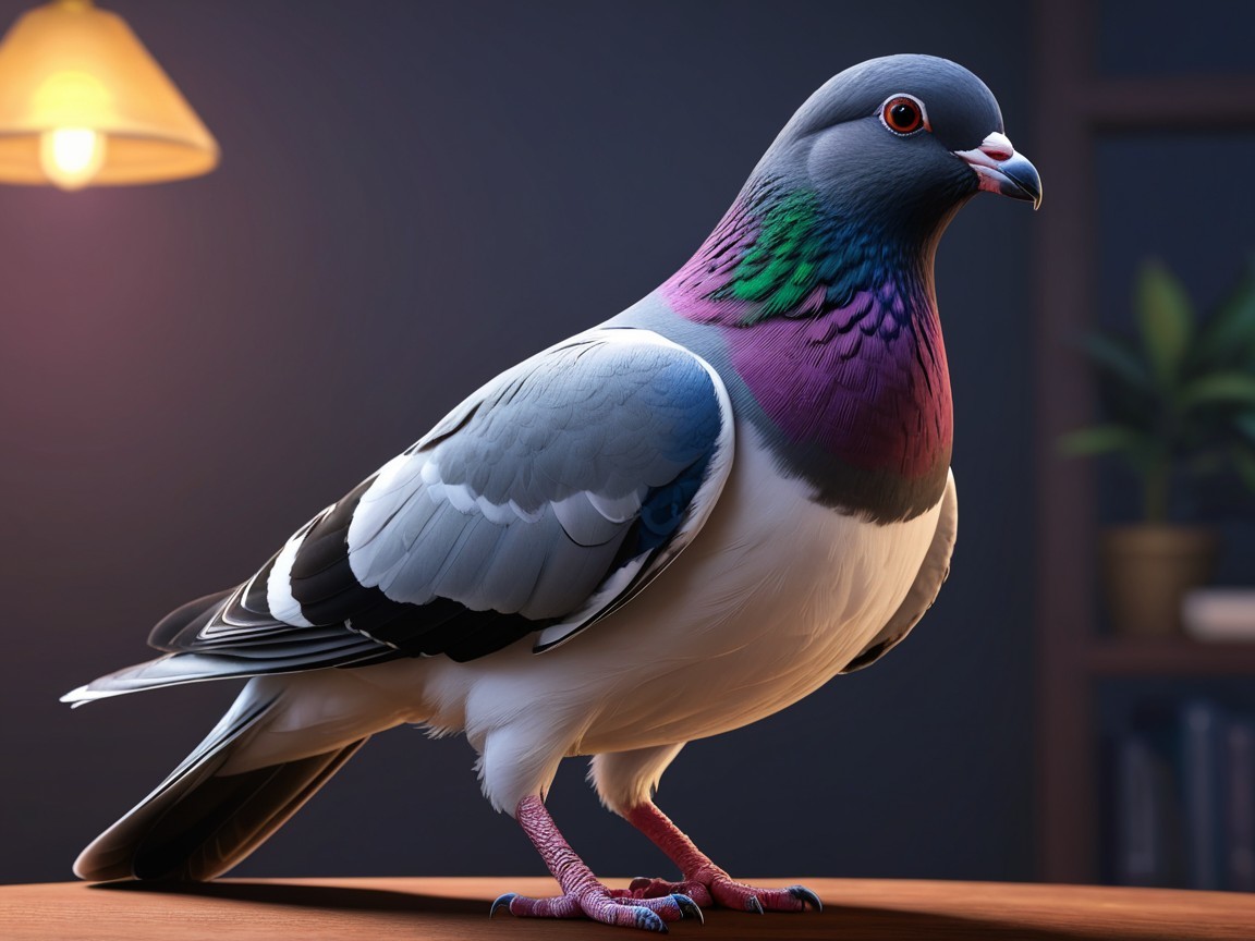 Vividly Colored Pigeon on Wooden Surface with Lighting