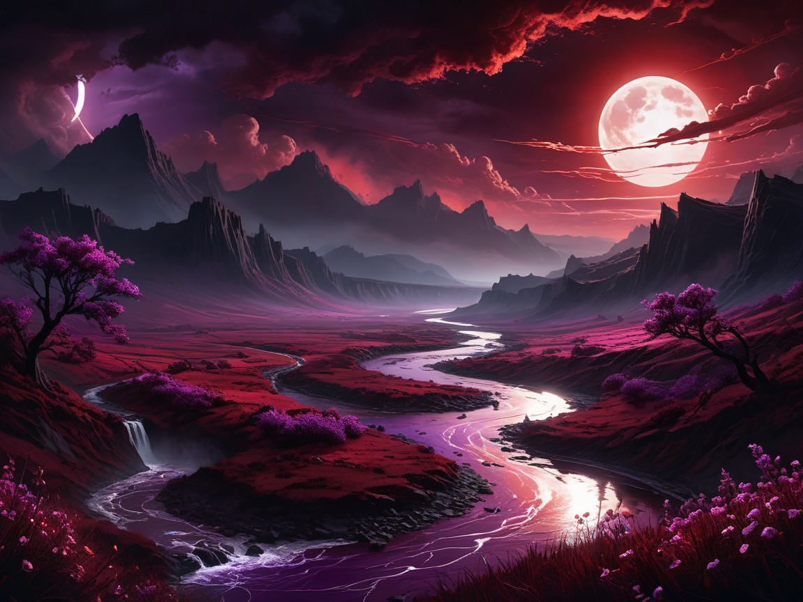 Vibrant Dusk Landscape with River and Mountains
