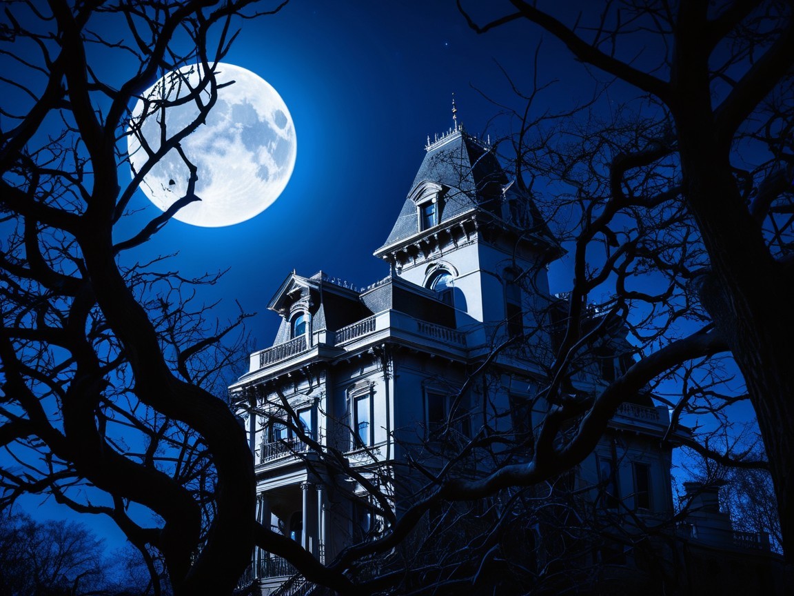 Victorian Mansion Under Full Moon with Eerie Atmosphere