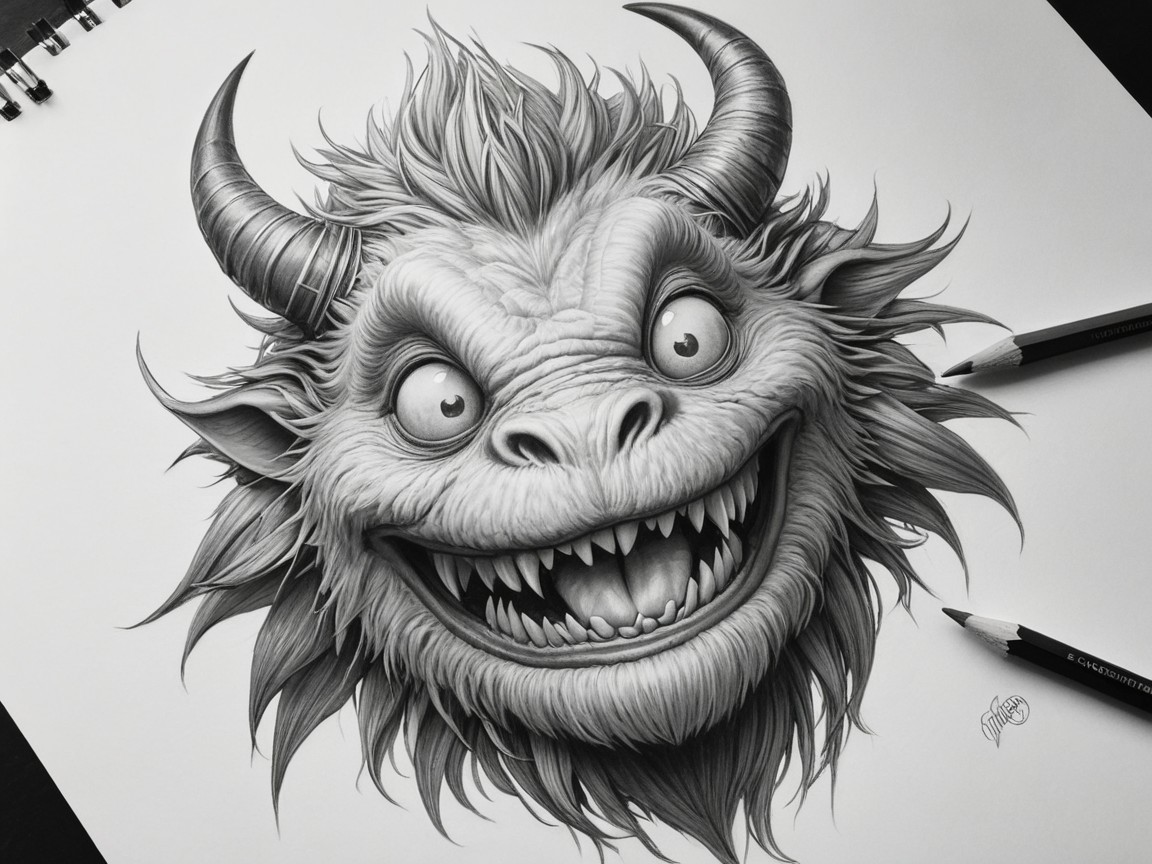 Mythical Creature Head Illustration in Black and White