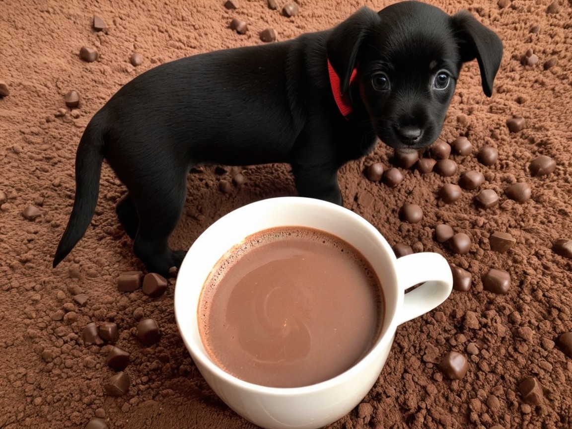Black Puppy Next to Hot Chocolate and Cocoa Powder