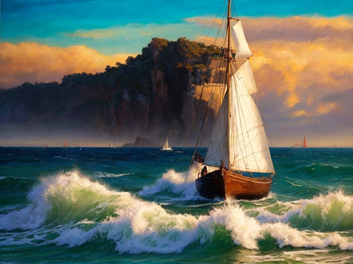 Sailboat on Turquoise Waves Under Dramatic Clouds