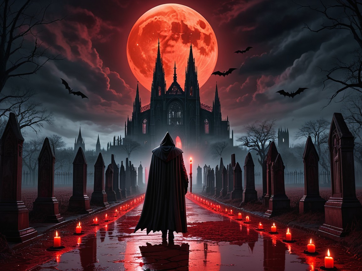 Cloaked Figure in Graveyard with Gothic Castle and Moon