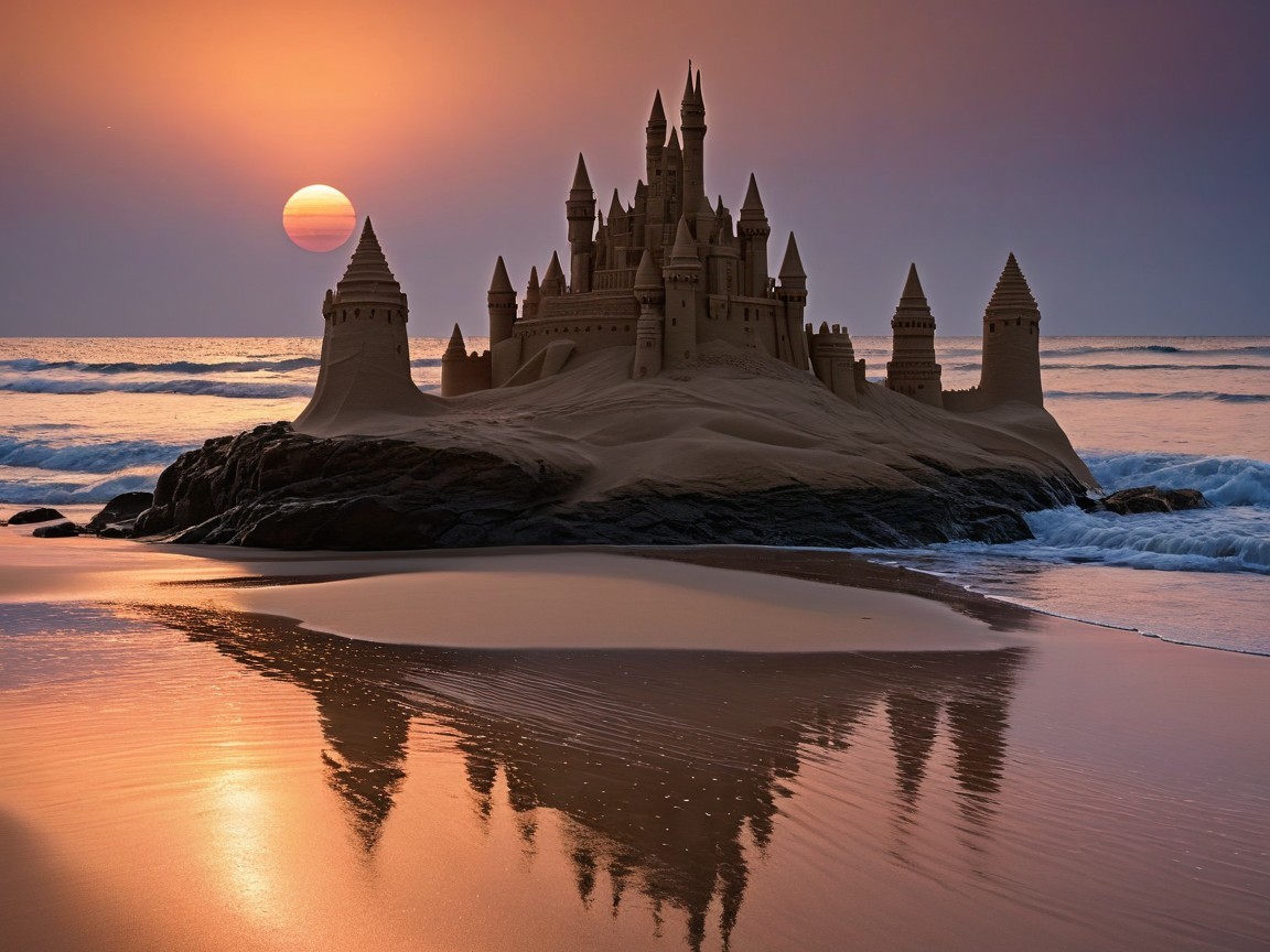 Sandcastle at sunset on a beach with waves lapping