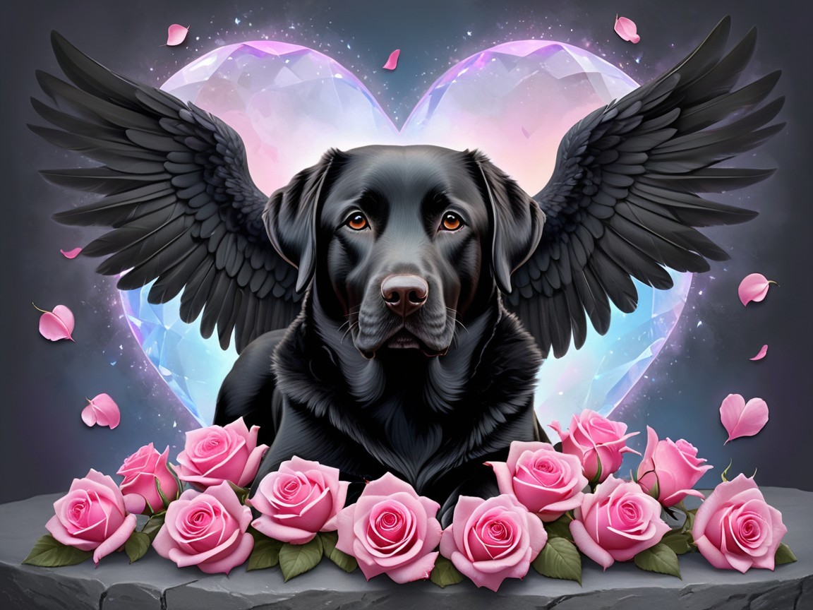 Black Labrador with Angel Wings and Heart Backdrop