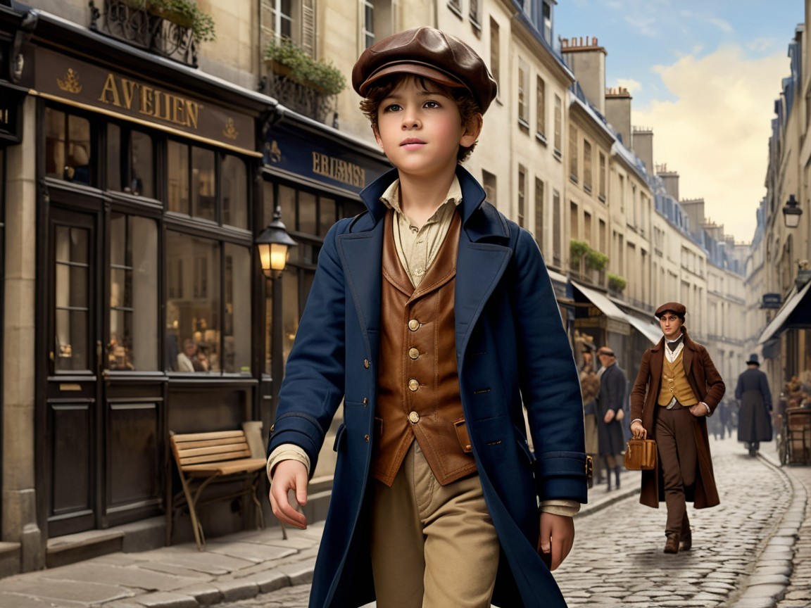 Young Boy in Stylish Attire on Cobblestone Street
