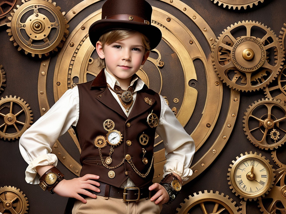 Young Boy in Stylish Steampunk Outfit with Gears