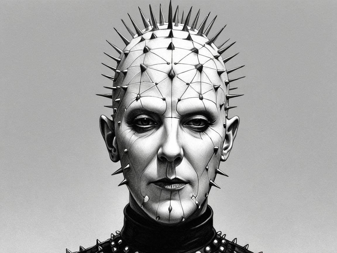 Surreal Portrait of Bald Figure with Sharp Spikes
