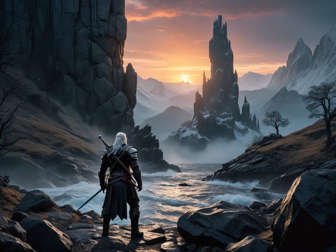 Lone Figure on Rocky Shore with Dramatic Landscape