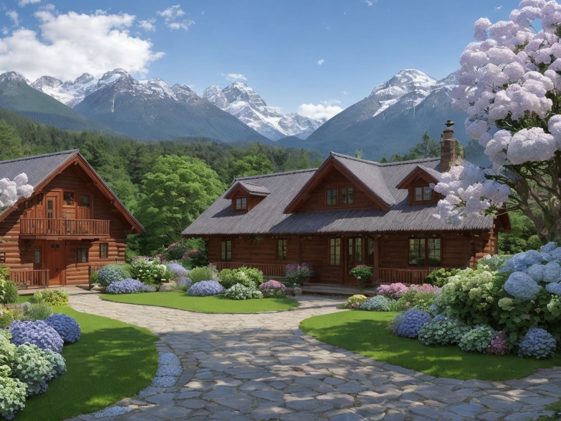 Charming Wooden Cabins in a Vibrant Garden Landscape