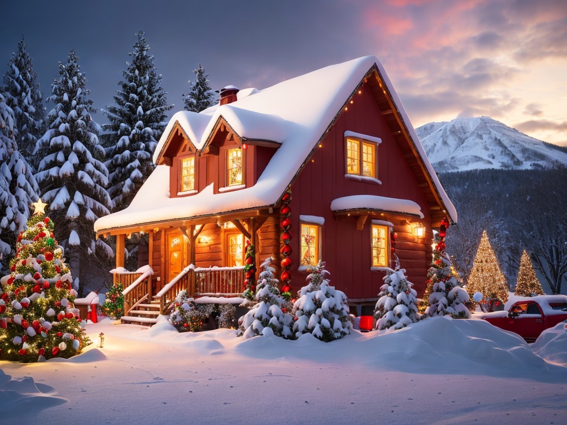 Cozy Red Log Cabin Decorated for Christmas in Snow