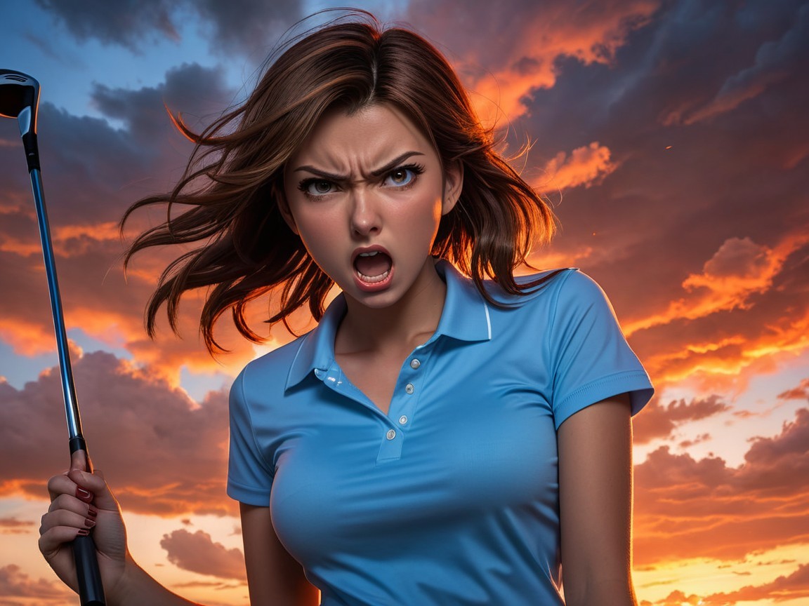 Young Woman with Golf Club at Dramatic Sunset