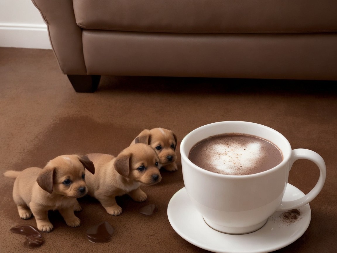 Puppies Curiously Near Hot Chocolate in Cozy Setting