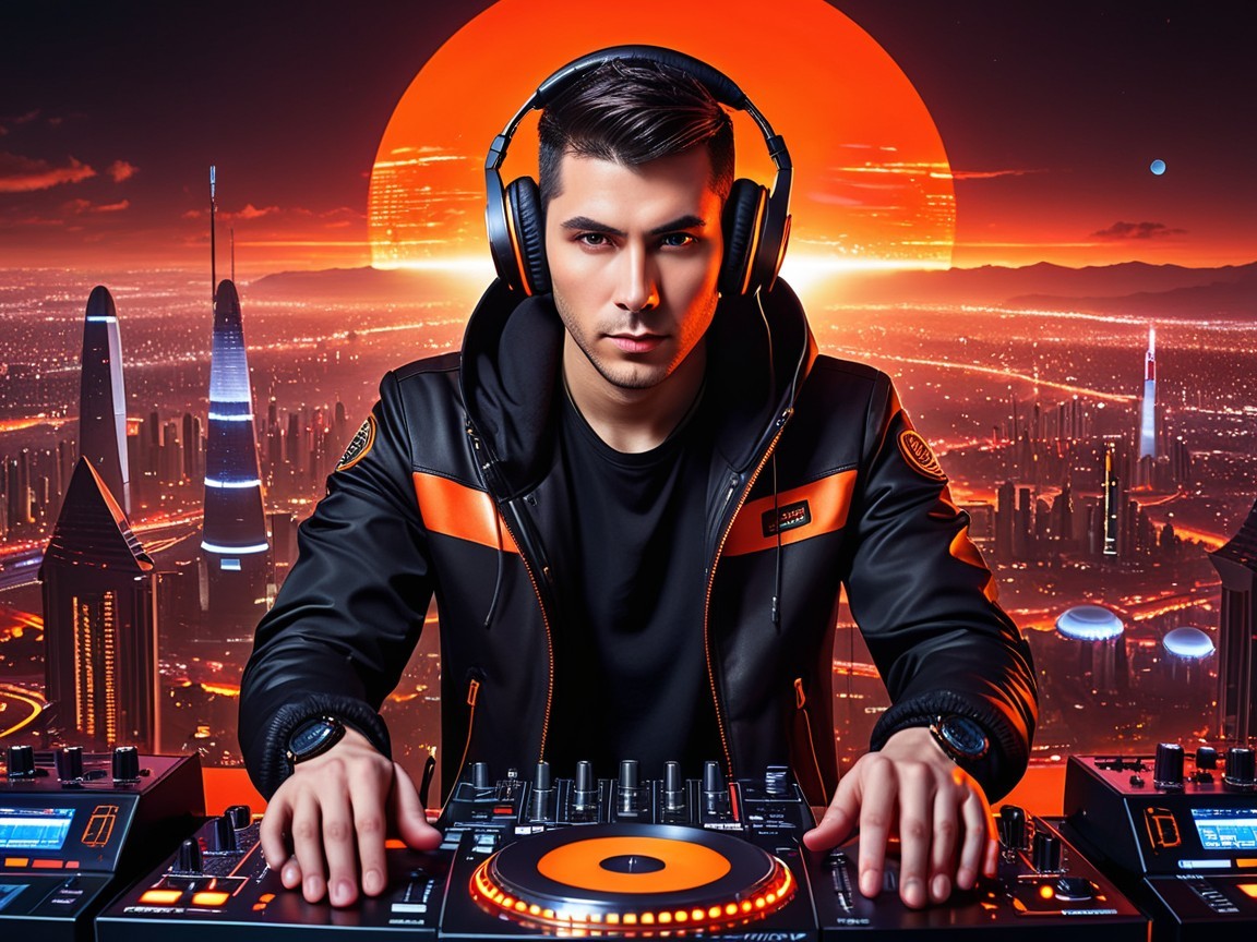 DJ in Futuristic Cityscape at Sunset with Skyscrapers